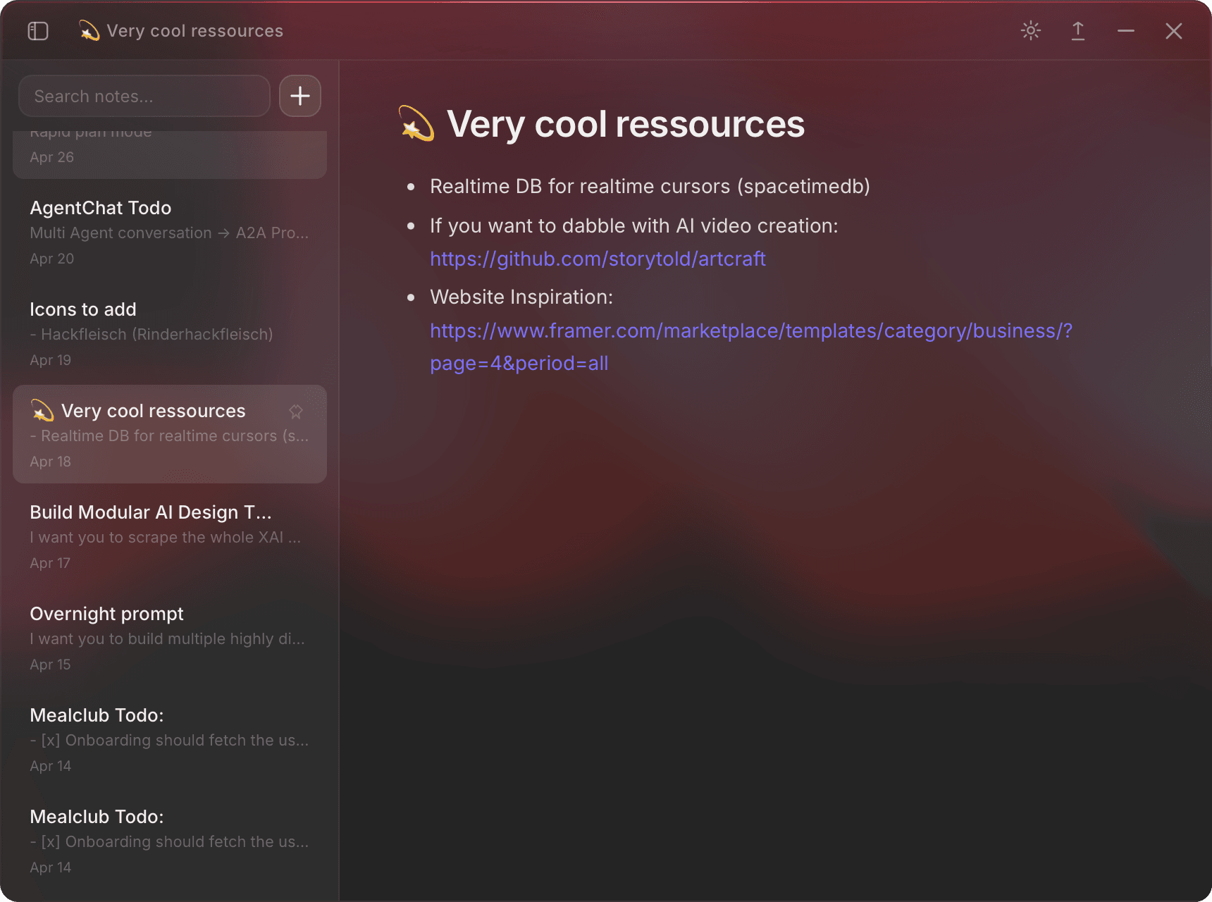 Raynote main window on macOS: a frosted-glass markdown editor with a sidebar of recent notes, syntax-highlighted code fence, and floating menu bar