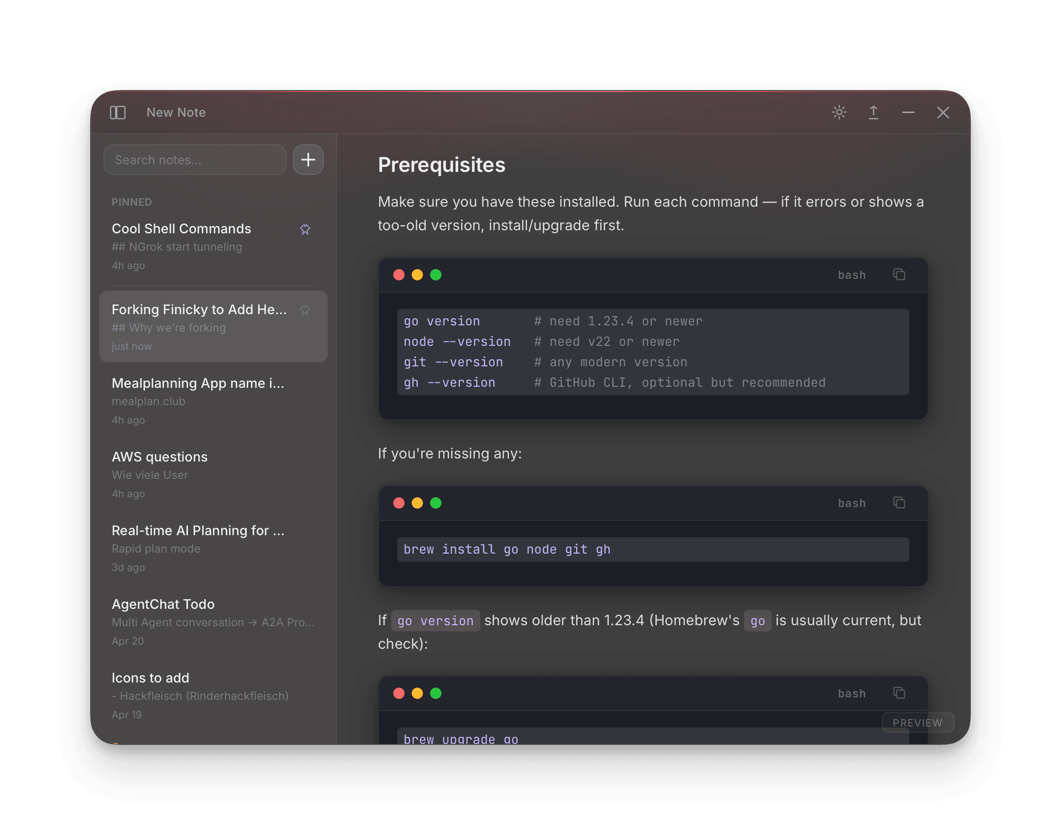 Raynote main window on macOS: a frosted-glass markdown editor with a sidebar of recent notes, syntax-highlighted code fence, and floating menu bar
