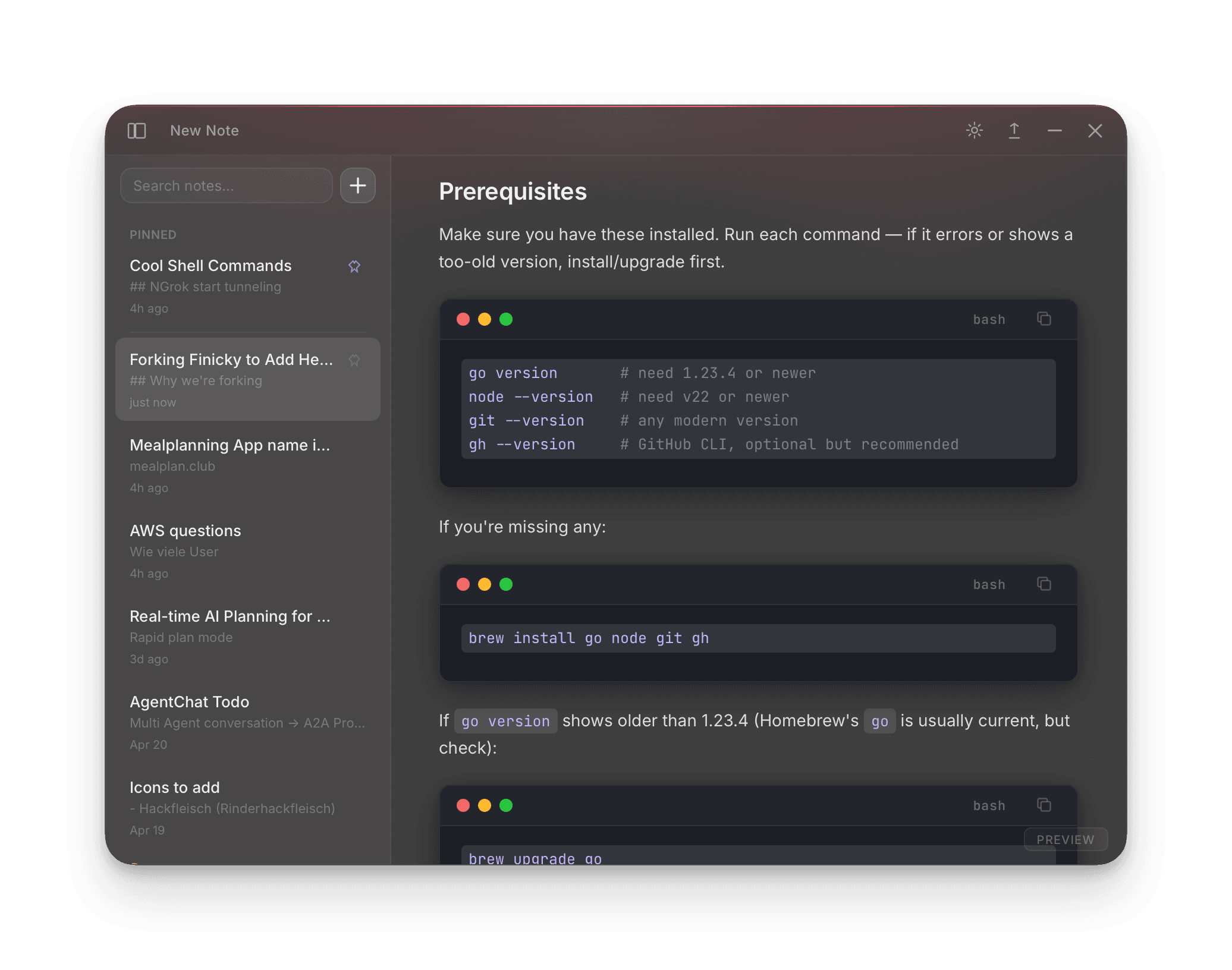 Raynote main window: sidebar of recent notes plus a markdown editor with code highlighting